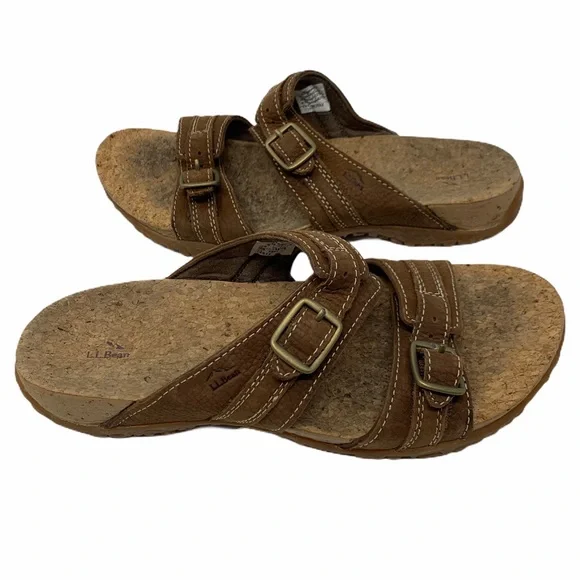 LL Bean Women's Size 7 M All-Terrain Cork Brown Leather Strappy Buckle Sandals - Picture 2 of 4